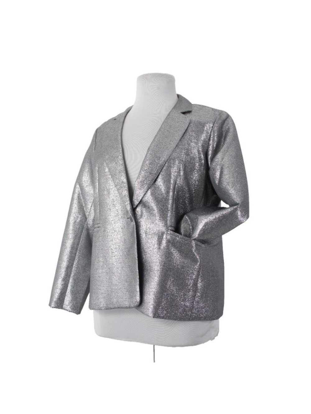 Joan Rivers Blazer Jacket Red Carpet Sz XLP Silver Metallic Pockets Cotton Poly - Picture 3 of 11